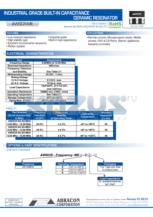 AWSCR-ME datasheet - INDUSTRIAL GRADE BUILT-IN CAPACITANCE CERAMIC RESONATOR