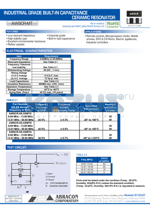 AWSCR-MT datasheet - INDUSTRIAL GRADE BUILT-IN CAPACITANCE CERAMIC RESONATOR