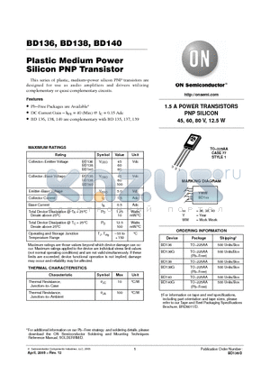 BD136 datasheet - Plastic Medium Power Silicon PNP Transistor