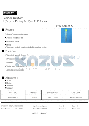 594UYD-S530-A3 datasheet - 2.0*4.0mm Rectangular Type LED Lamps