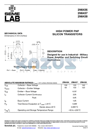 2N6437 datasheet - HIGH POWER PNP SILICON TRANSISTORS