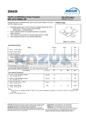 2N6439 datasheet - The RF Line NPN Silicon Power Transistor 60W, 225 to 400MHz, 28V