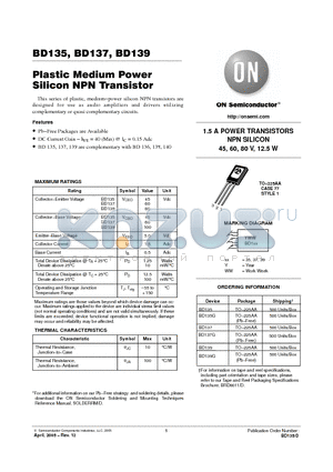 BD137 datasheet - Plastic Medium Power Silicon NPN Transistor