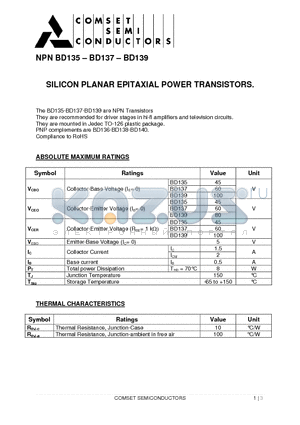 BD137 datasheet - SILICON PLANAR EPITAXIAL POWER TRANSISTORS