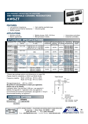 AWSZTMSA-T datasheet - HIGH FREQUENCY, WITHOUT BUILT-IN CAPACITORS SMD WASHABLE CERAMIC RESONATORS