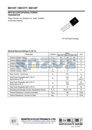 BD137T datasheet - NPN Silicon Epitaxial Power Transistor