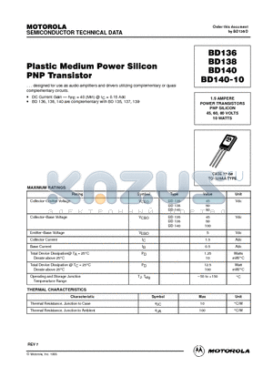 BD138 datasheet - Plastic Medium Power Silicon PNP Transistor