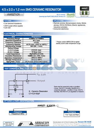 AWSZT-CR datasheet - 4.5 x 2.0 x 1.2 mm SMD CERAMIC RESONATOR
