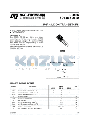 BD138 datasheet - PNP SILICON TRANSISTORS