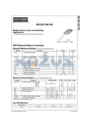 BD138 datasheet - Medium Power Linear and Switching Applications
