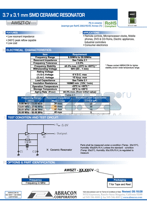AWSZT-CV datasheet - 3.7 x 3.1 mm SMD CERAMIC RESONATOR