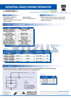 AWSZT-MC datasheet - INDUSTRIAL GRADE CERAMIC RESONATOR