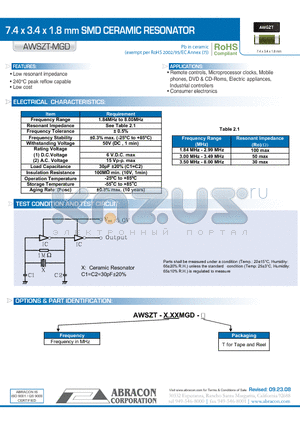 AWSZT-MGD datasheet - 7.4 x 3.4 x 1.8 mm SMD CERAMIC RESONATOR