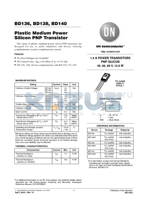 BD138G datasheet - Plastic Medium Power Silicon PNP Transistor