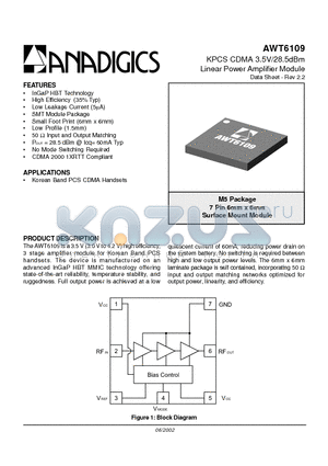 AWT6109M5P8 datasheet - KPCS CDMA 3.5V/28.5dBm Linear Power Amplifier Module