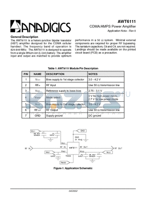 AWT6111 datasheet - CDMA/AMPS Power Amplifier