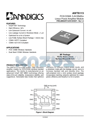 AWT6113 datasheet - PCS/CDMA 3.4V/28dBm Linear Power Amplifier Module