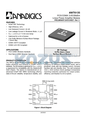 AWT6135 datasheet - PCS/CDMA 3.4V/28dBm Linear Power Amplifier Module