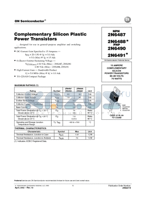 2N6487 datasheet - Complementary Silicon Plastic Power Transistors