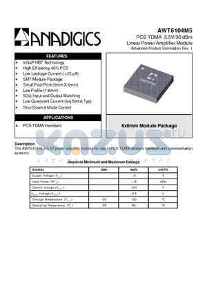 AWT6104M5 datasheet - PCS TDMA 3.5V/30 dBm Linear Power Amplifier Module