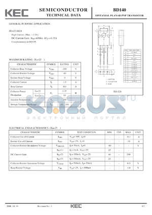 BD140 datasheet - EPITAXIAL PLANAR PNP TRANSISTOR