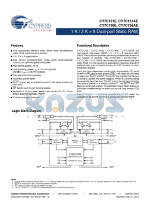 CY7C131E datasheet - 1 K / 2 K  8 Dual-port Static RAM