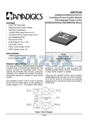 AWT6146 datasheet - QUAD BAND POWER AMPLIFIER MODULE WITH INTERGRATED POWER CONTROL