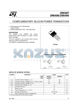 2N6488 datasheet - COMPLEMENTARY SILICON POWER TRANSISTORS