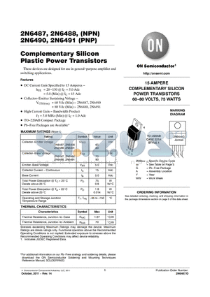 2N6488G datasheet - 15 AMPERE COMPLEMENTARY SILICON POWER TRANSISTORS 6080 VOLTS, 75 WATTS