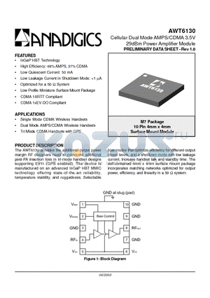 AWT6130 datasheet - Cellular Dual Mode AMPS/CDMA 3.5V 29dBm Power Amplifier Module