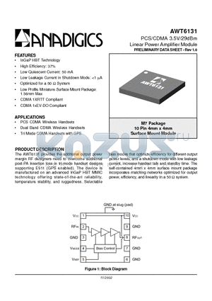 AWT6131 datasheet - PCS/CDMA 3.5V/29dBm Linear Power Amplifier Module