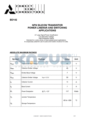 BD142 datasheet - NPN Silicon Transistor Power Linerar and Switching Applications