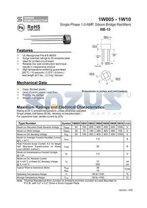 1W10 datasheet - Single Phase 1.0 AMP. Silicon Bridge Rectifiers