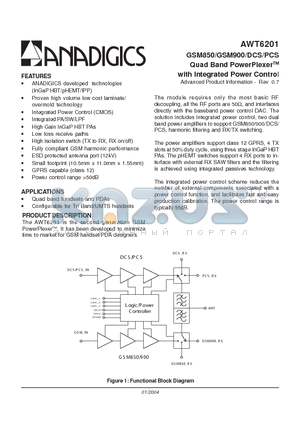 AWT6201 datasheet - GSM850/GSM900/DCS/PCS Quad Band PowerPlexer with Integrated Power Control