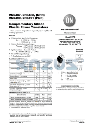 2N6491G datasheet - 15 AMPERE COMPLEMENTARY SILICON POWER TRANSISTORS 6080 VOLTS, 75 WATTS