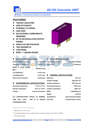 1WS-1212 datasheet - DC-DC Converter UNIT 1W WIDE INPUT RANGE DC-DC CONVERTER