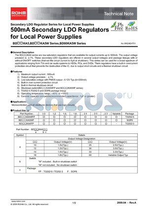 BD15KA5F datasheet - 500mA Secondary LDO Regulators for Local Power Supplies