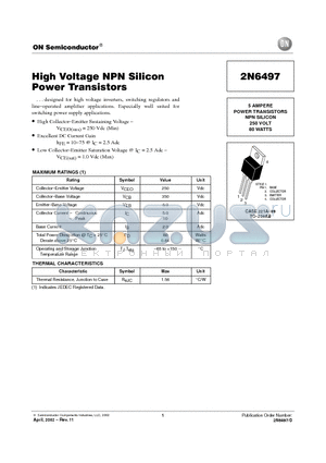 2N6497 datasheet - High Voltage NPN Silicon Power Transistors