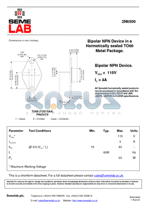 2N6500 datasheet - Bipolar NPN Device in a Hermetically sealed TO66