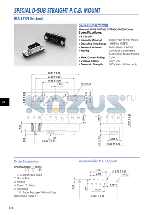 070330MS datasheet - SPECIAL D-SUB STRAIGHT P.C.B. MOUNT