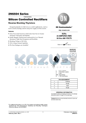 2N6504 datasheet - Silicon Controlled Rectifiers Reverse Blocking Thyristors SCRs 25 AMPERES RMS 50 thru 800 VOLTS