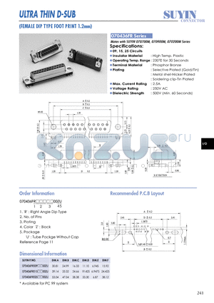 070436FR datasheet - ULTRA THIN D-SUB (FEMALE DIP TYPE FOOT PRINT 1.2mm)