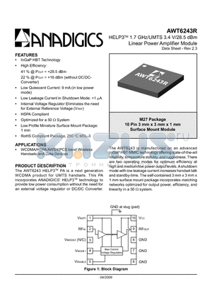 AWT6243RM27P9 datasheet - HELP3TM 1.7 GHz/UMTS 3.4 V/28.5 dBm Linear Power Amplifier Module