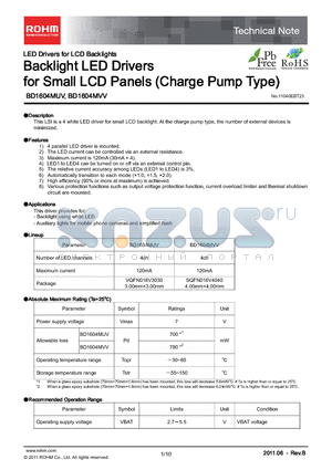 BD1604MUV datasheet - Backlight LED Drivers for Small LCD Panels (Charge Pump Type)