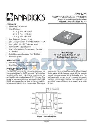 AWT6274RM20P8 datasheet - HELP PCS/WCDMA 3.4V/29dBm Linear Power Amplifier Module