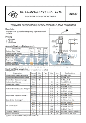 2N6517 datasheet - TECHNICAL SPECIFICATIONS OF NPN EPITAXIAL PLANAR TRANSISTOR