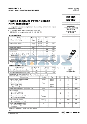 BD165 datasheet - Plastic Medium Power Silicon NPN Transistor