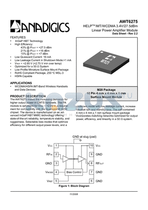 AWT6275 datasheet - HELPTM IMT/WCDMA 3.4V/27.5dBm Linear Power Amplifier Module