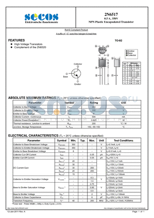 2N6517 datasheet - NPN Plastic Encapsulated Transistor