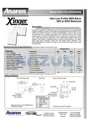 BD1722J50200A00 datasheet - Ultra Low Profile 0805 Balun 50Y to 200Y Balanced